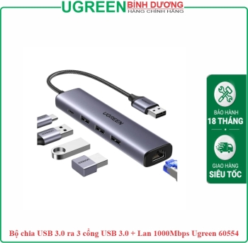 Hub chuyển đổi 5 in 1 USB Type-A ra Lan 1000Mbps Kèm HUB 3 Cổng USB 3.0 Ugreen 60554 cao cấp