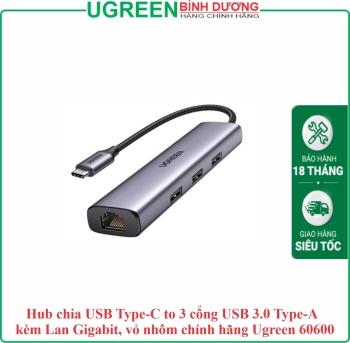 Hub chia USB Type-C to 3 cổng USB 3.0 Type-A kèm Lan Gigabit, vỏ nhôm chính hãng Ugreen 60600