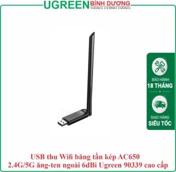 USB thu Wifi băng tần kép AC650 2.4G/5G ăng-ten ngoài 6dBi Ugreen 90339 cao cấp